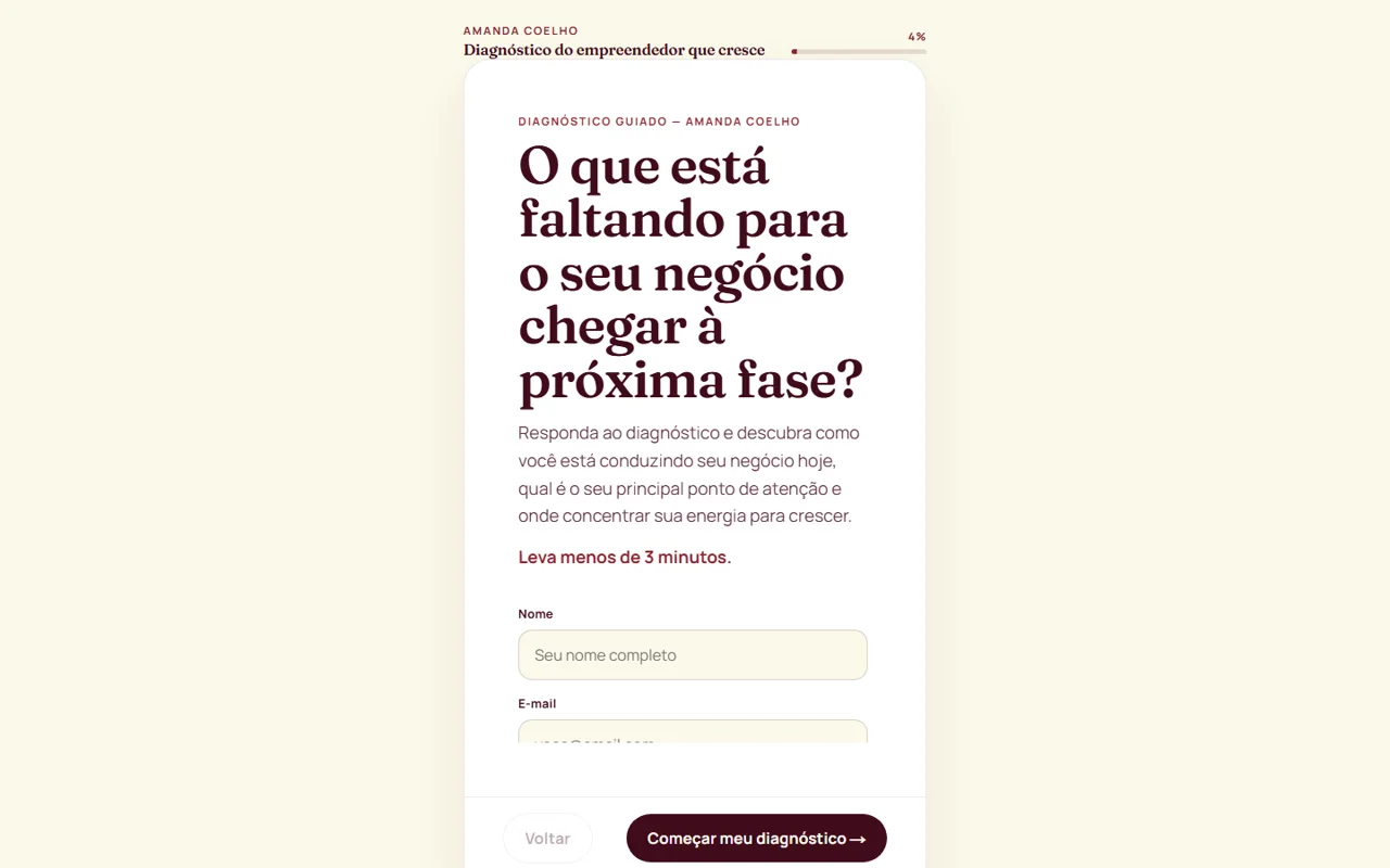 Diagnóstico do Empreendedor que Cresce: formulário editorial com barra de progresso e campos de contato.