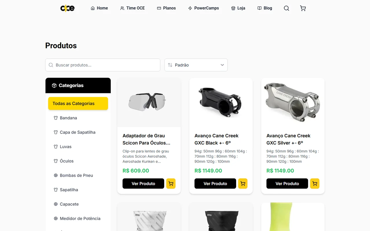 Loja da OCE Powerhouse: grade de produtos com preços, filtro por categoria e botões de comprar.
